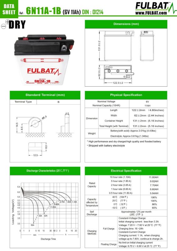 Obrázok z Batéria Fulbat 6V 6N11A-1B DRY vrátane náplne