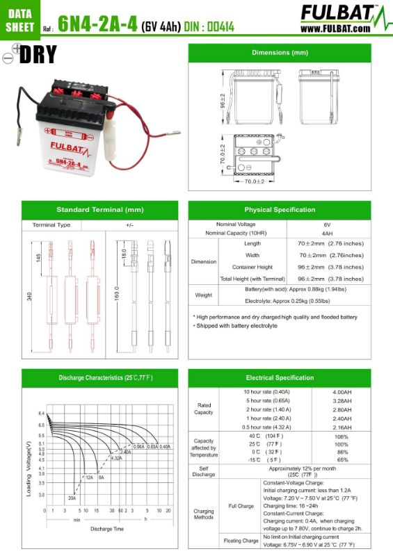 Obrázok z Batéria Fulbat 6V 6N4-2A-4 DRY vrátane náplne